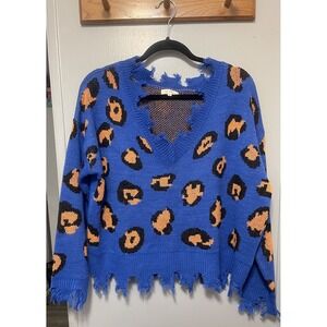 LaMiel Frayed Leopard Print Sweater Women's Size S – M Cropped Blue/Orange NWOT